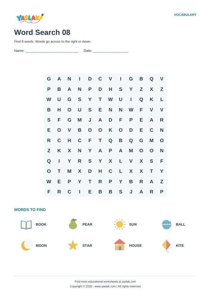 Word Search 08 worksheet with YASLAK logo and copyright