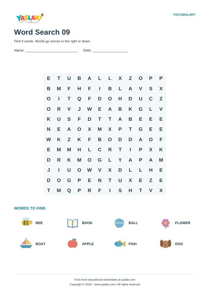 Word Search 09 worksheet with YASLAK logo and copyright