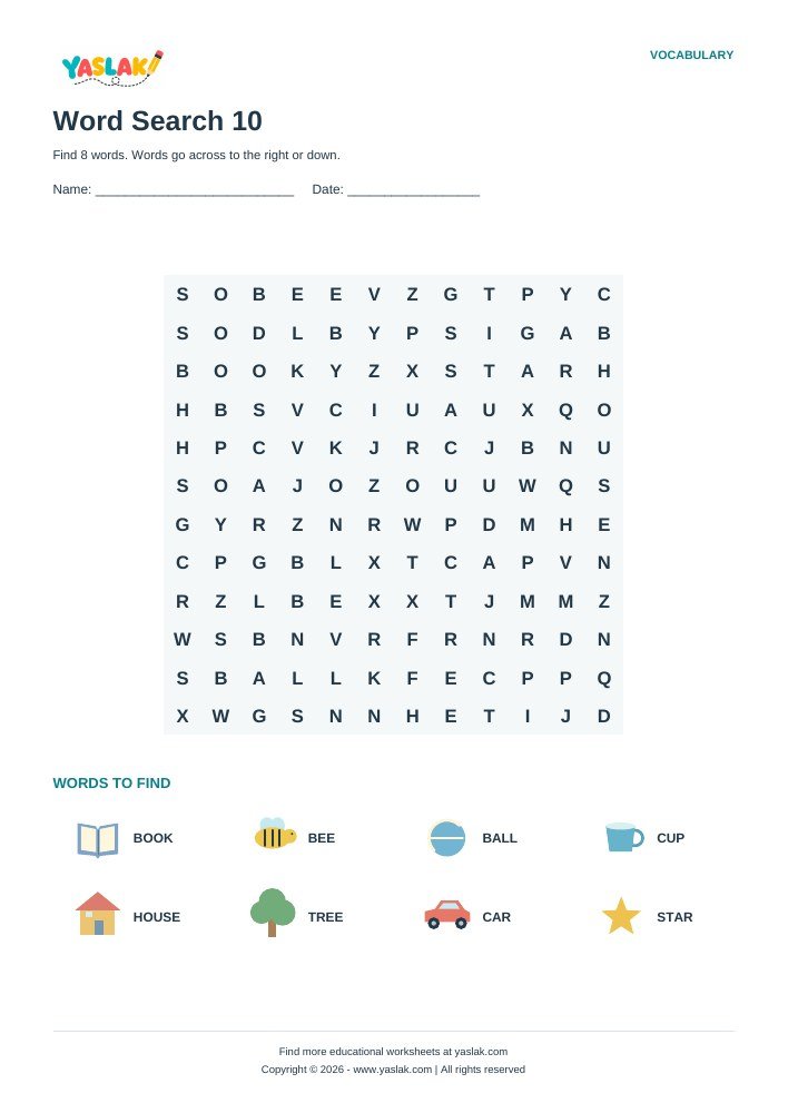 Word Search 10 worksheet with YASLAK logo and copyright