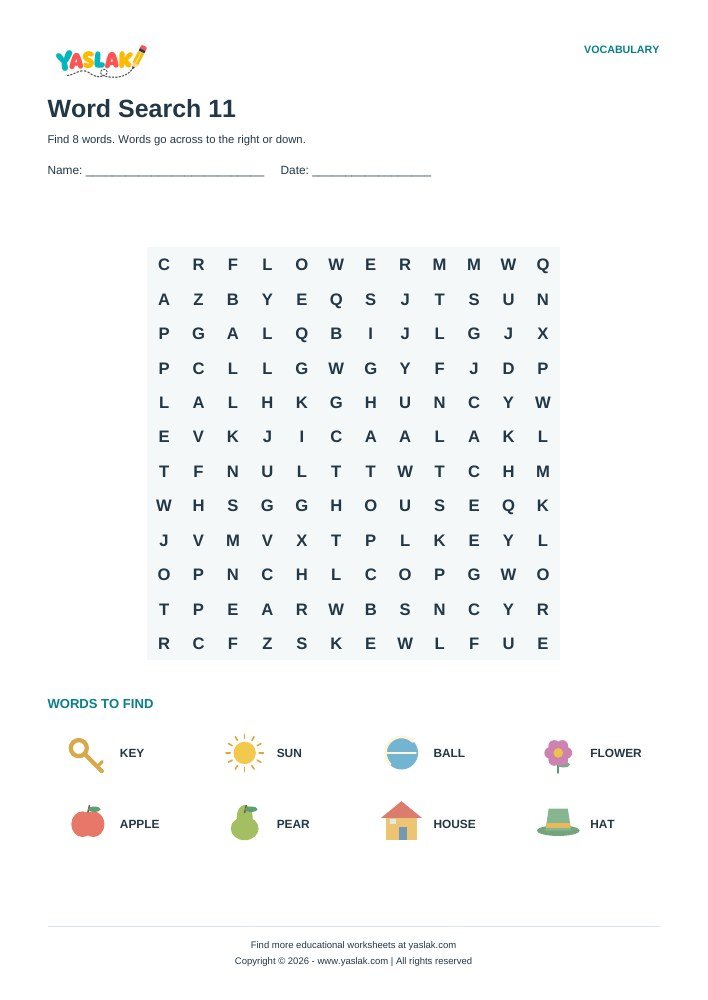 Word Search 11 worksheet with YASLAK logo and copyright