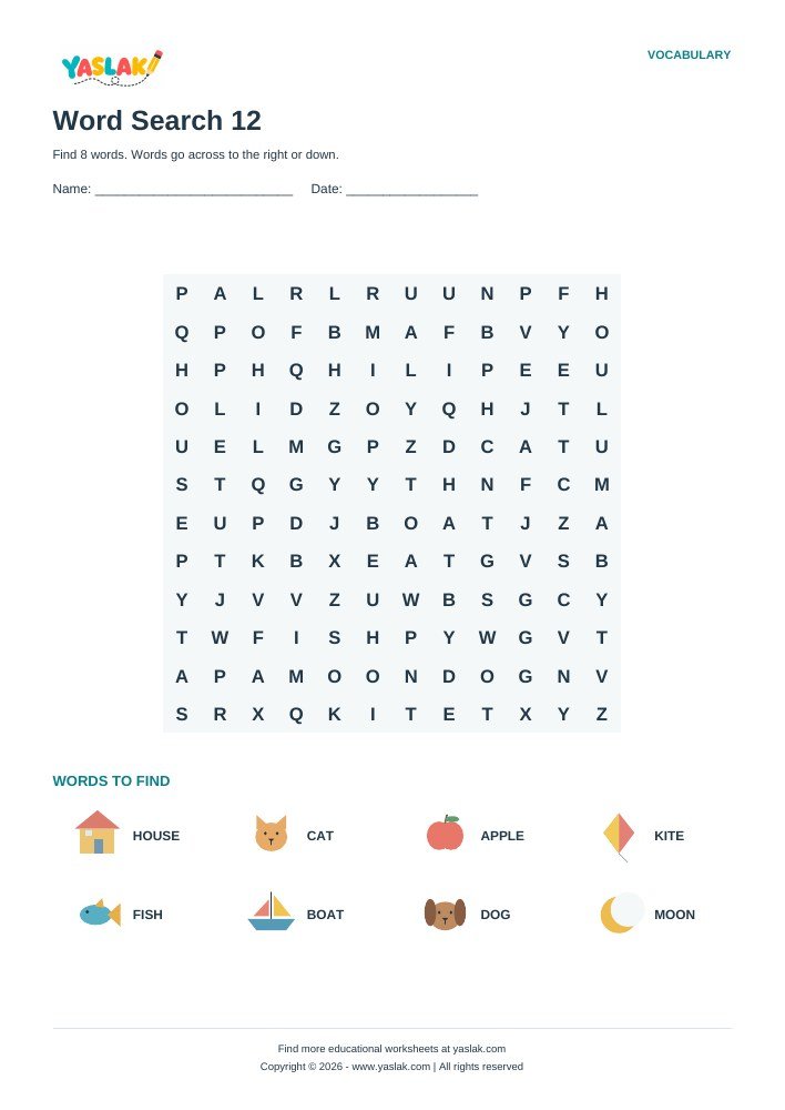 Word Search 12 worksheet with YASLAK logo and copyright