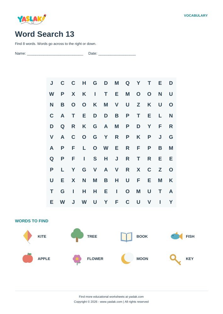 Word Search 13 worksheet with YASLAK logo and copyright
