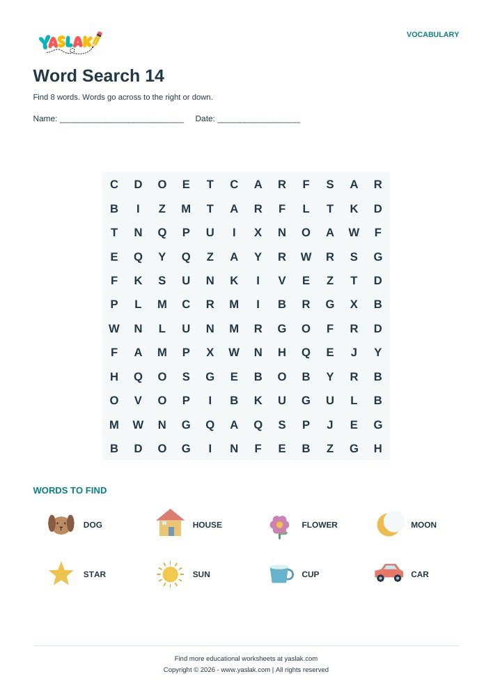 Word Search 14 worksheet with YASLAK logo and copyright