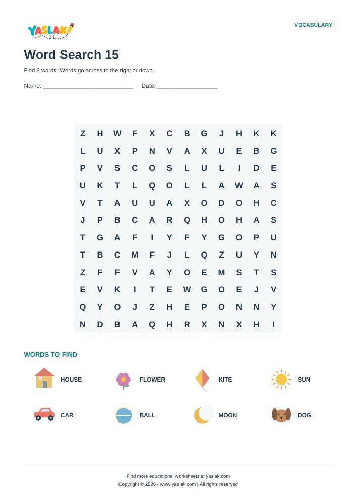 Word Search 15 worksheet with YASLAK logo and copyright