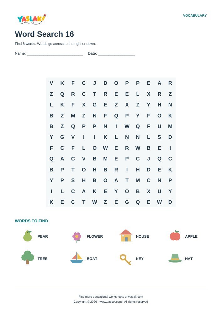 Word Search 16 worksheet with YASLAK logo and copyright