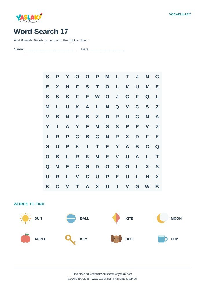 Word Search 17 worksheet with YASLAK logo and copyright