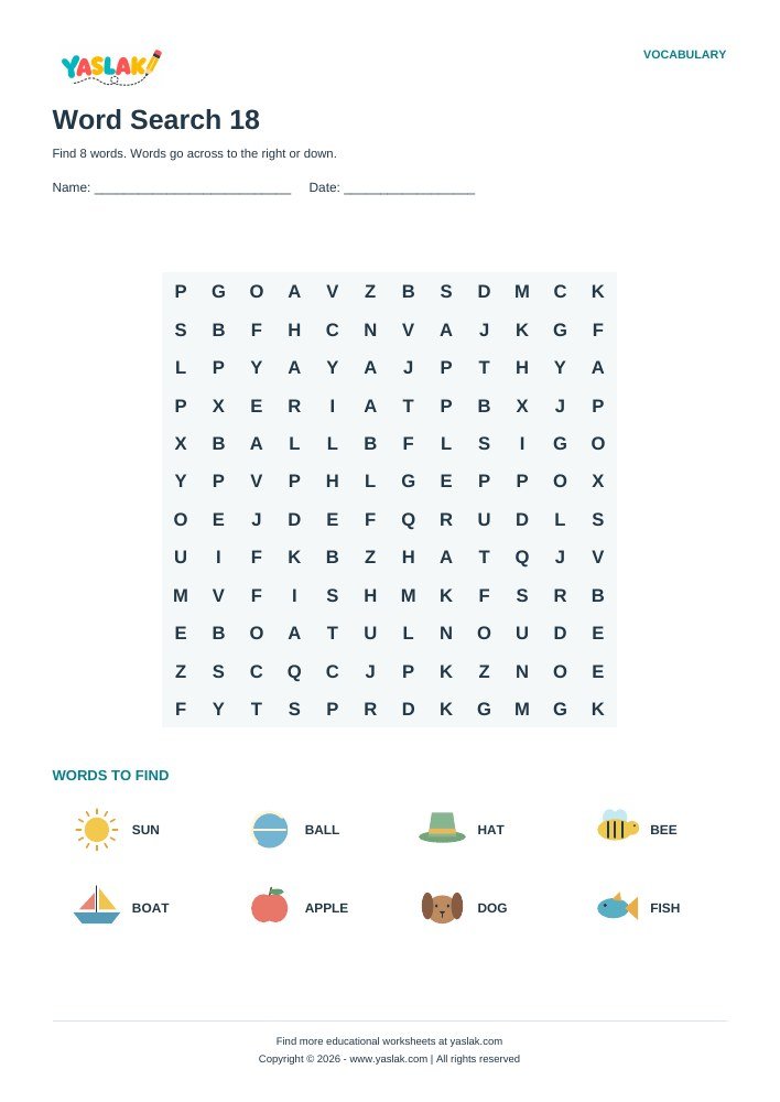 Word Search 18 worksheet with YASLAK logo and copyright