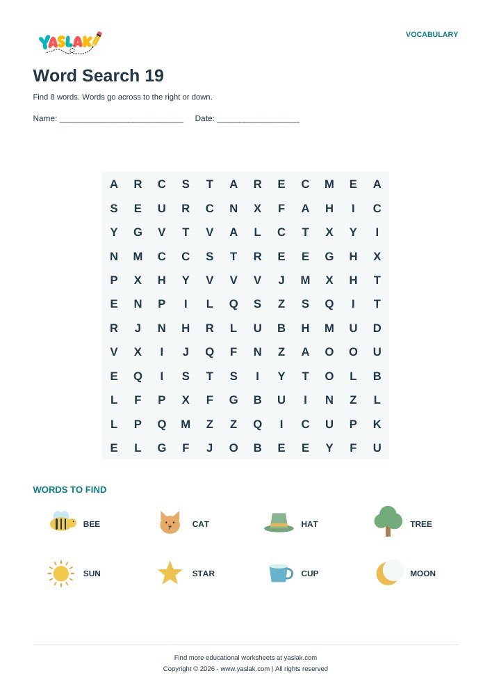 Word Search 19 worksheet with YASLAK logo and copyright