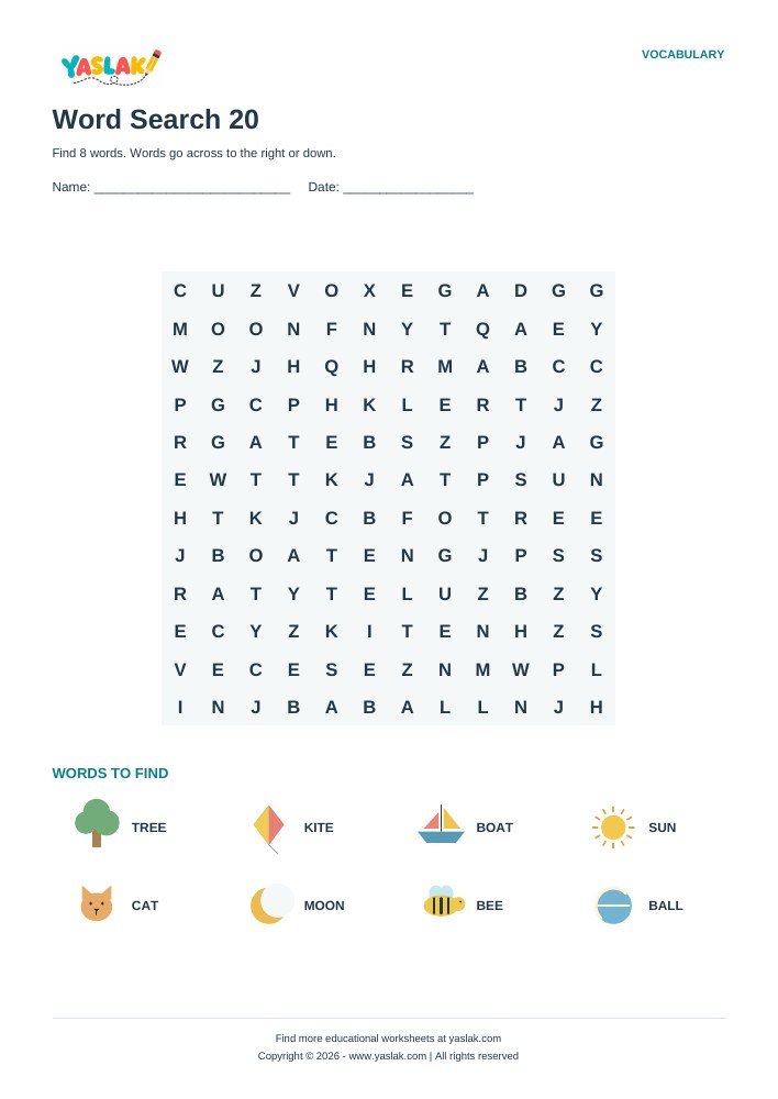 Word Search 20 worksheet with YASLAK logo and copyright