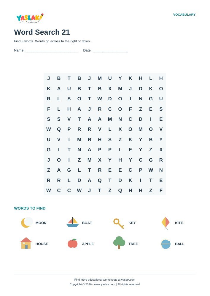 Word Search 21 worksheet with YASLAK logo and copyright