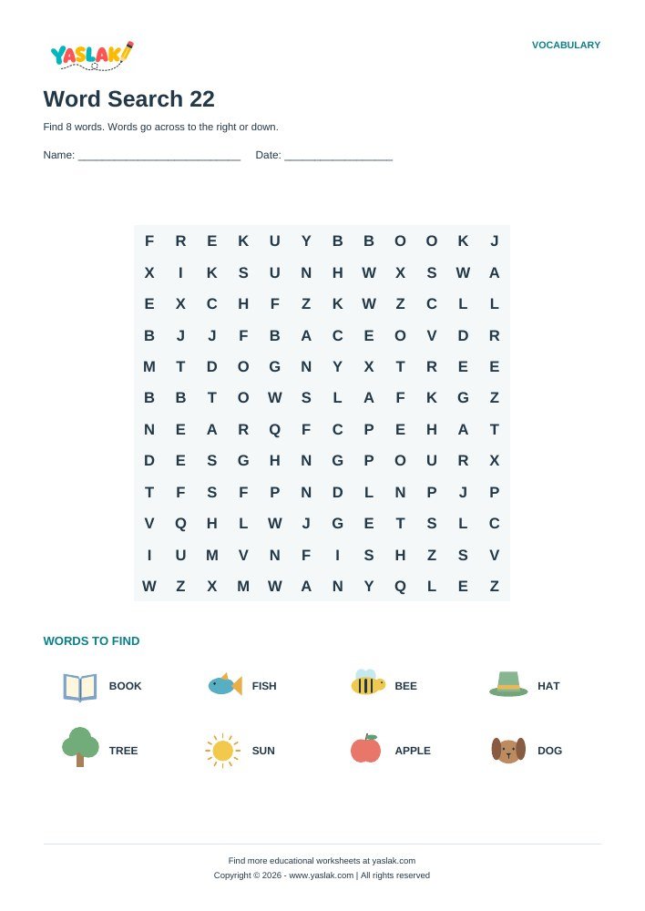 Word Search 22 worksheet with YASLAK logo and copyright