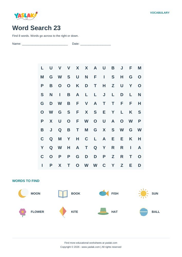 Word Search 23 worksheet with YASLAK logo and copyright
