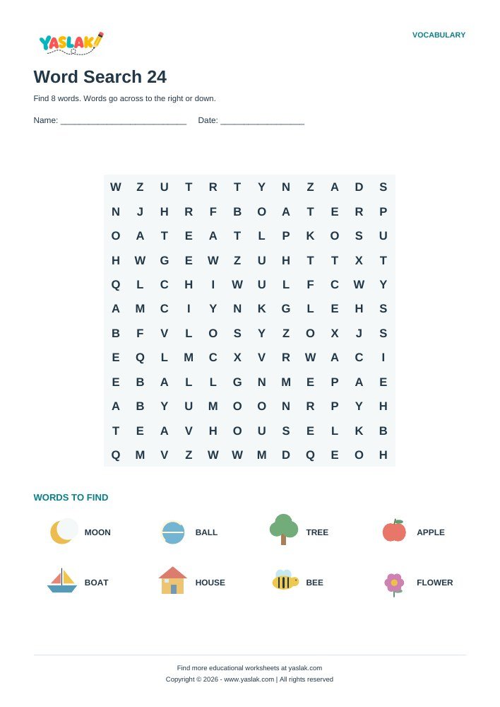 Word Search 24 worksheet with YASLAK logo and copyright