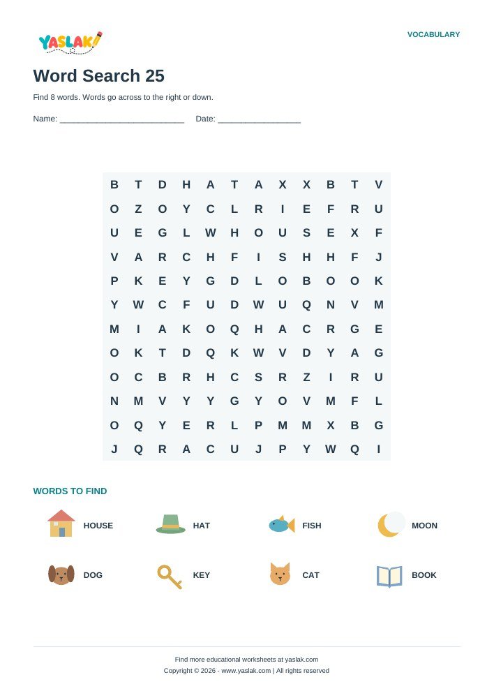 Word Search 25 worksheet with YASLAK logo and copyright