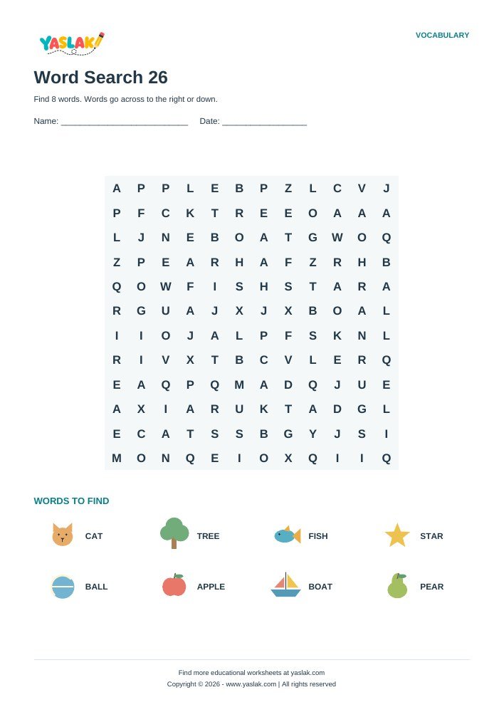 Word Search 26 worksheet with YASLAK logo and copyright
