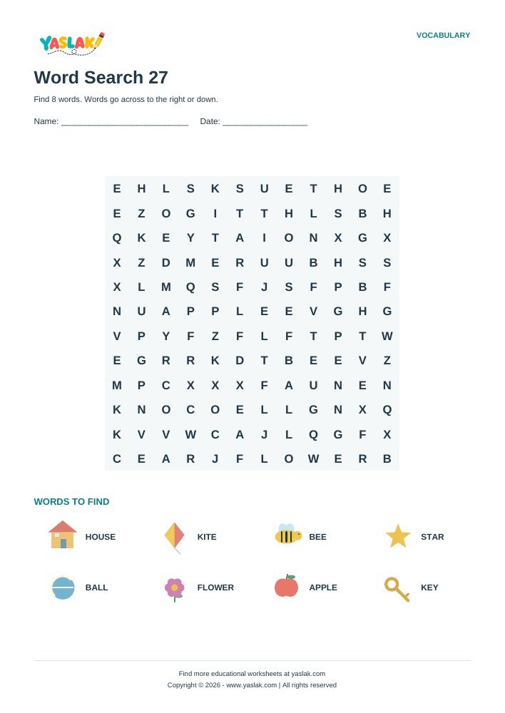 Word Search 27 worksheet with YASLAK logo and copyright