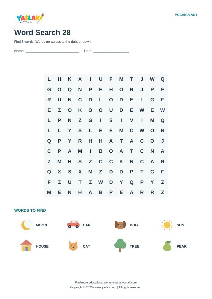 Word Search 28 worksheet with YASLAK logo and copyright