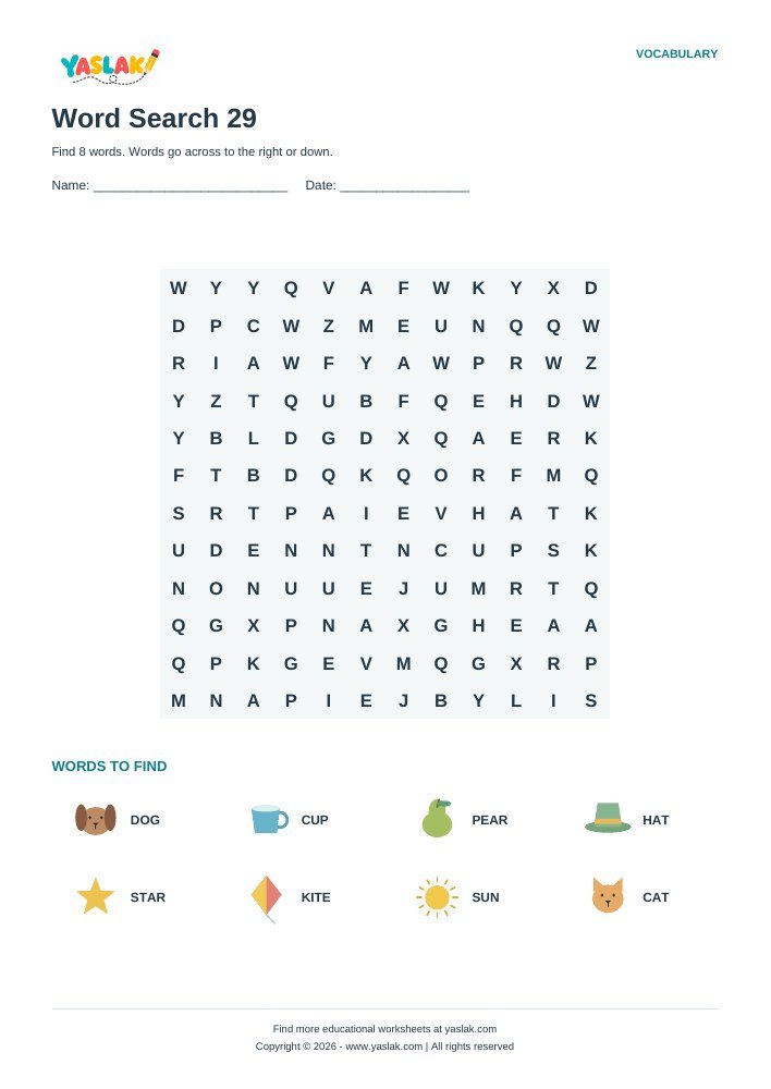 Word Search 29 worksheet with YASLAK logo and copyright