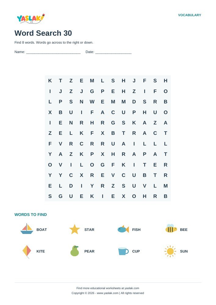 Word Search 30 worksheet with YASLAK logo and copyright