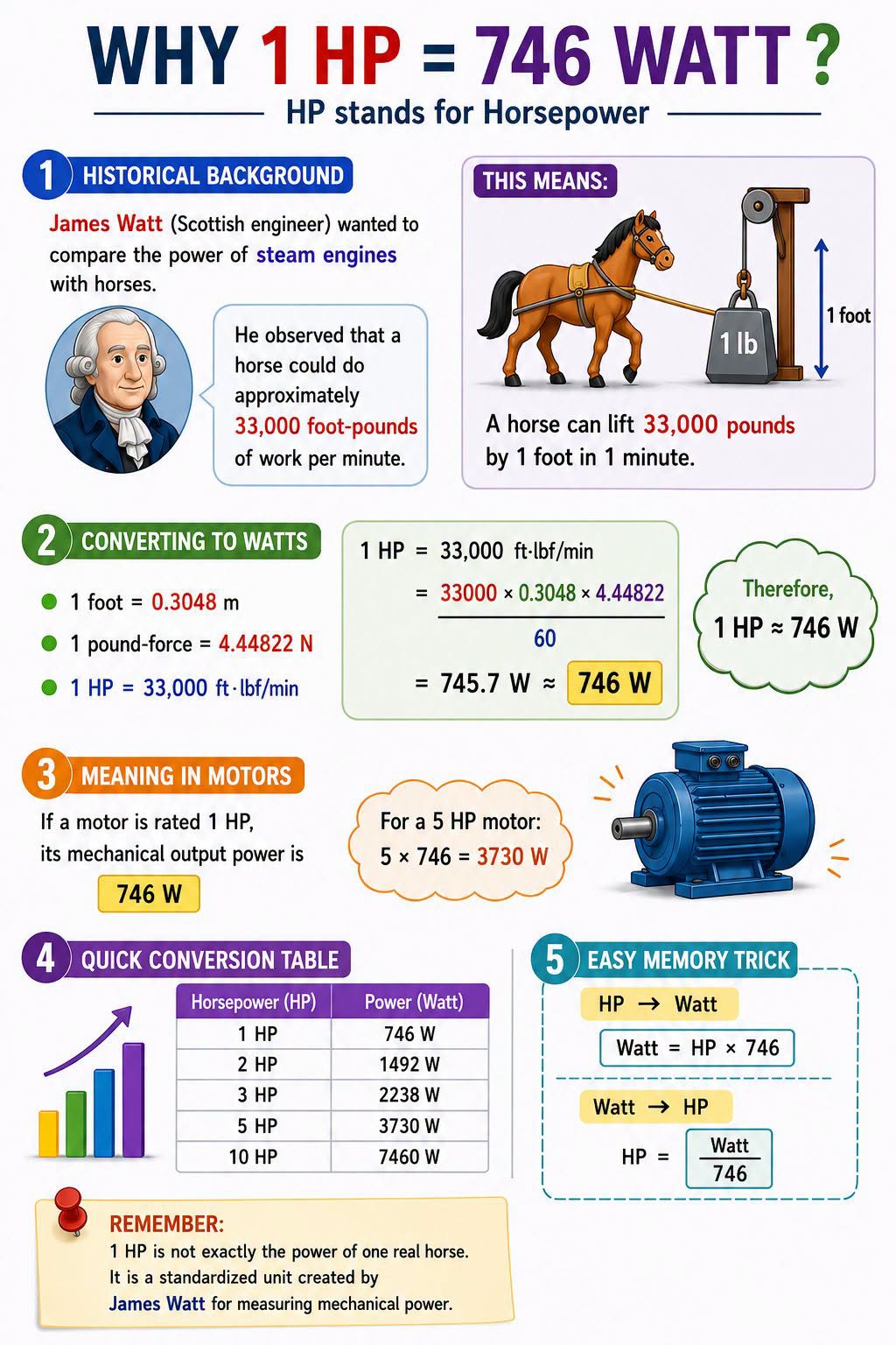 Why is 1 Horsepower (HP) Equal to 746 Watts?
