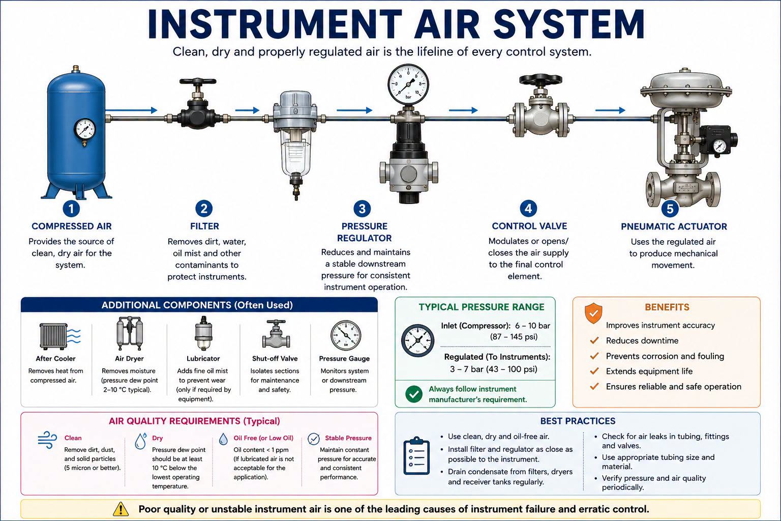 💨 Instrument Air System – The Lifeline of Pneumatic Control Systems A control valve is only as reliable as the quality of the instrument air supplied to it. Poor-quality air containing moisture, oil, or dust can cause valve sticking, positioner malfunction, inaccurate control, and unexpected plant downtime. A typical instrument air system consists of a compressed air source, filter, pressure regulator, control valve, and pneumatic actuator. Together, these components ensure stable and reliable operation of field instruments and final control elements. Key requirements for instrument air: ✅ Clean and particle-free ✅ Dry with low moisture content ✅ Oil-free or low oil content ✅ Stable pressure supply Regular maintenance of filters, air dryers, regulators, and air receivers is essential to maintain system performance and extend equipment life. Remember: Many control valve and positioner problems are actually instrument air problems. Clean air = Reliable control = Better process performance.