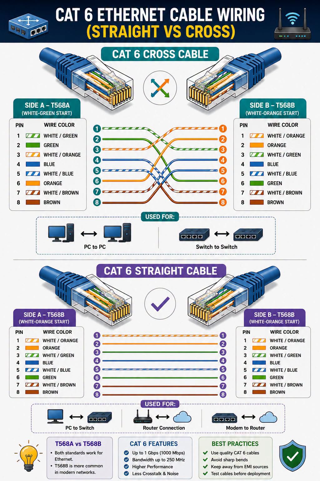 CAT6 Straight Cable vs CAT6 Cross Cable – Do You Know the Difference?