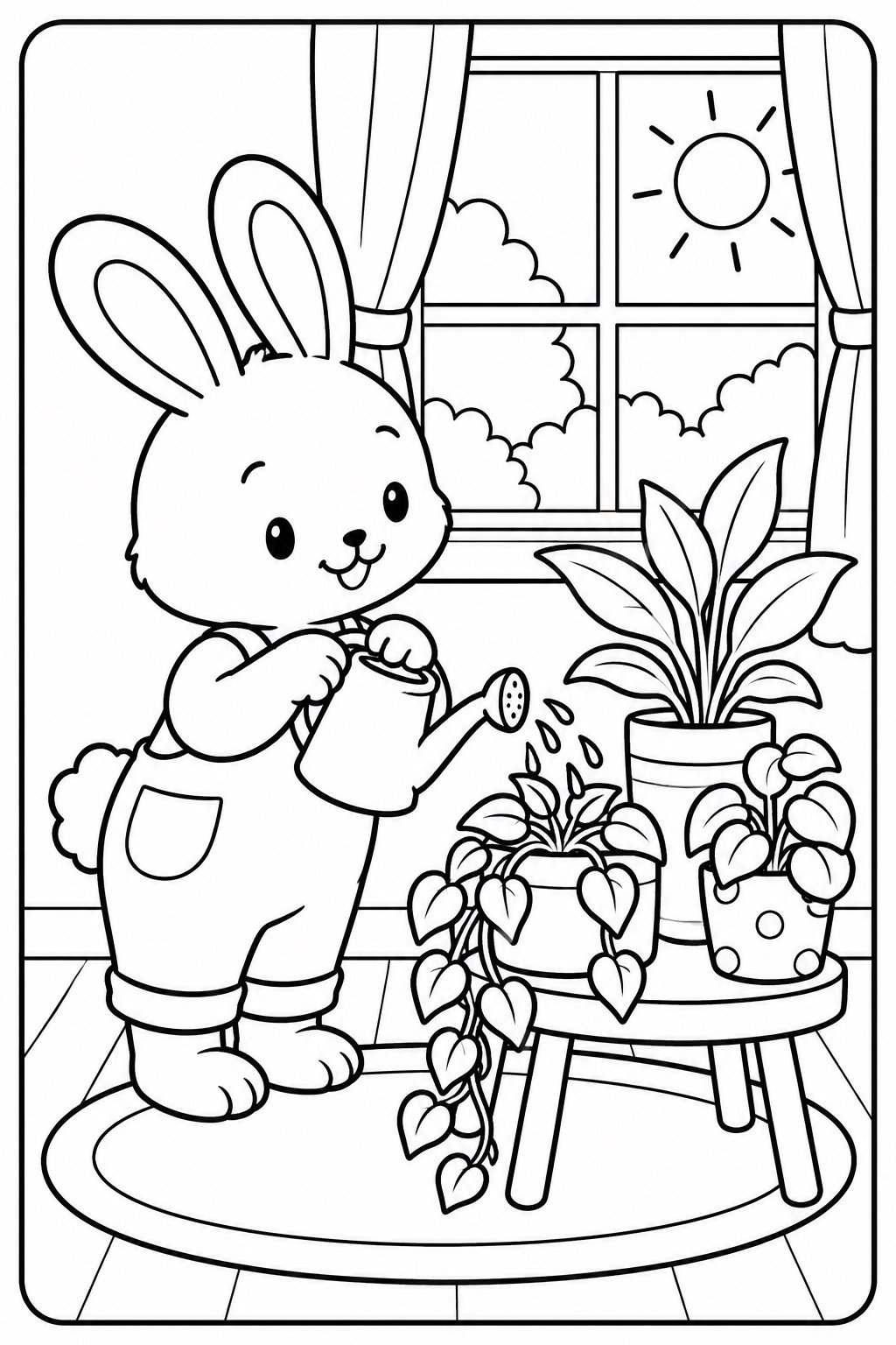 Sample coloring illustration: a bunny watering houseplants by a sunny window