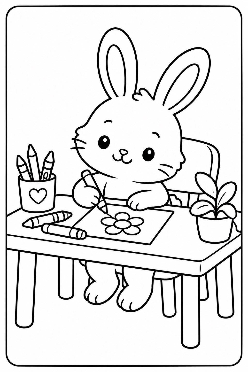 Sample coloring illustration: a bunny drawing a flower at a desk