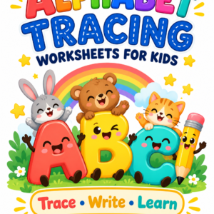 Alphabet Tracing Worksheets for Kids cover with colorful ABC letters, smiling animals and a rainbow