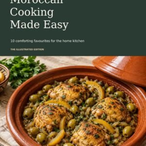 Moroccan Cooking Made Easy cookbook cover with chicken tagine, preserved lemon and olives