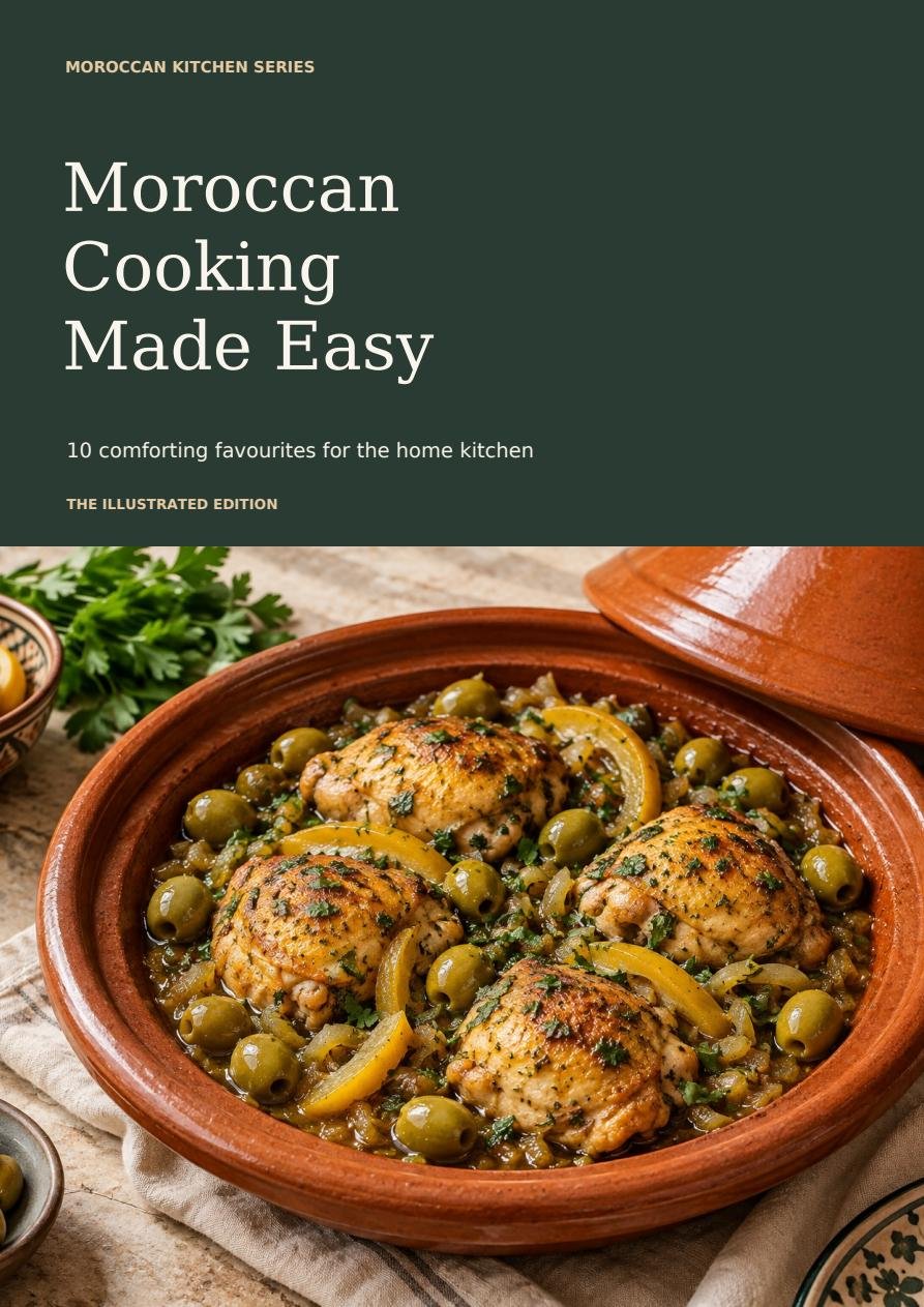 Moroccan Cooking Made Easy cookbook cover with chicken tagine, preserved lemon and olives