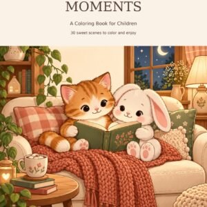 Cozy Little Moments coloring book cover: a kitten and bunny reading on a cozy sofa