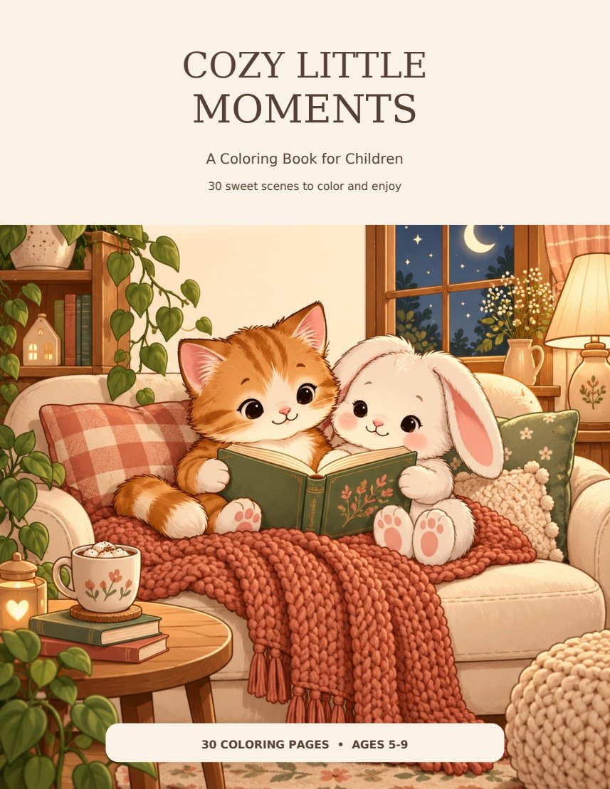 Cozy Little Moments coloring book cover: a kitten and bunny reading on a cozy sofa