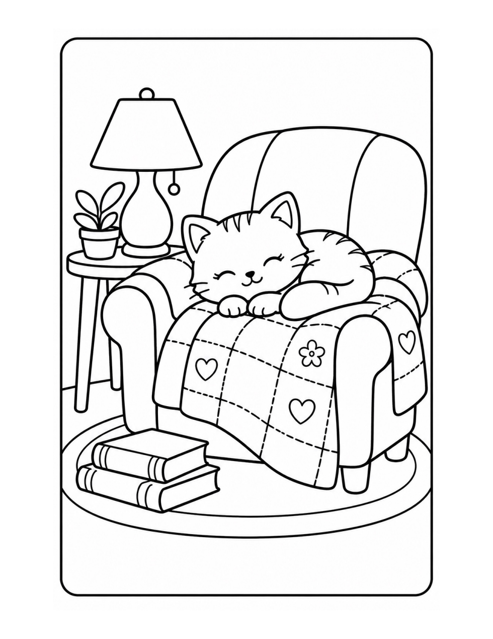Sample coloring page: a kitten sleeping in an armchair under a patchwork blanket