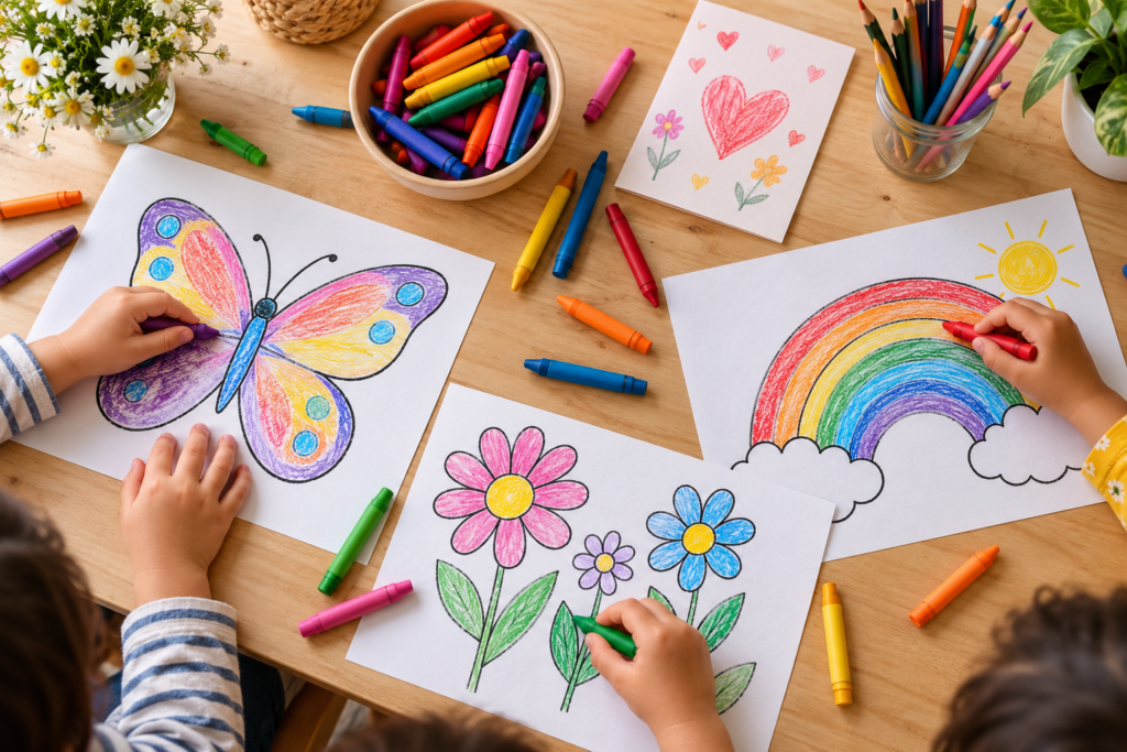 Children coloring a butterfly, rainbow and flowers with colorful crayons at a craft table.