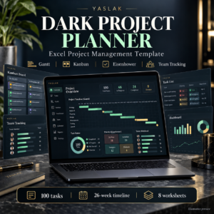 YASLAK Dark Project Planner Excel template – illustrative cover showing Gantt, Kanban, Eisenhower and team tracking