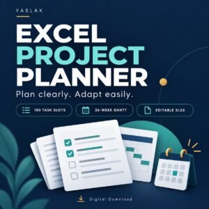 Excel Project Planner by YASLAK: 100 task slots, 26-week Gantt and editable XLSX.