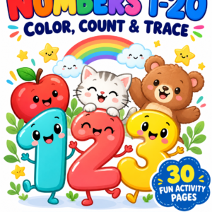 Numbers 1-20 Color Count and Trace - colorful YASLAK cover with smiling numbers and animals