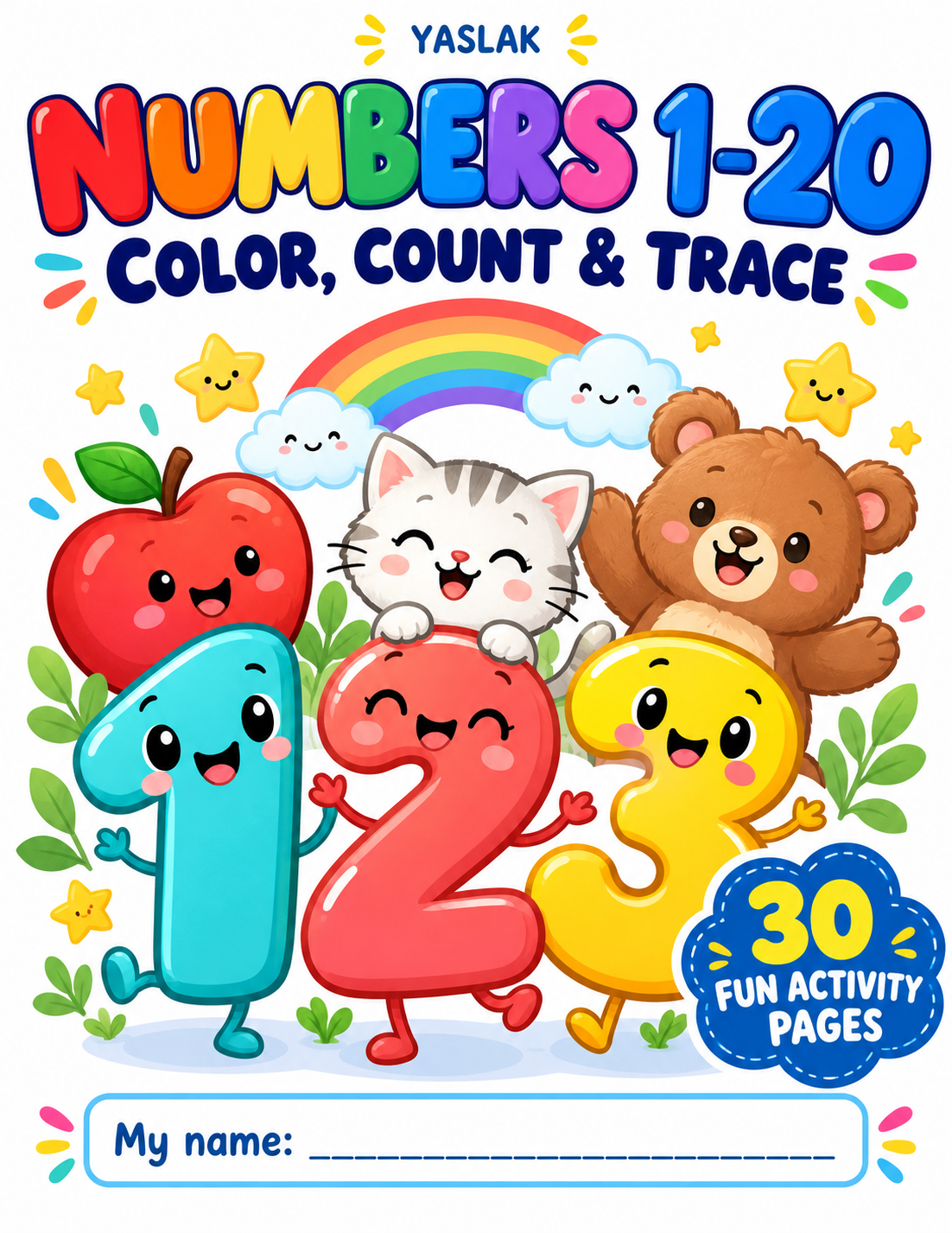 Numbers 1-20 Color Count and Trace - colorful YASLAK cover with smiling numbers and animals